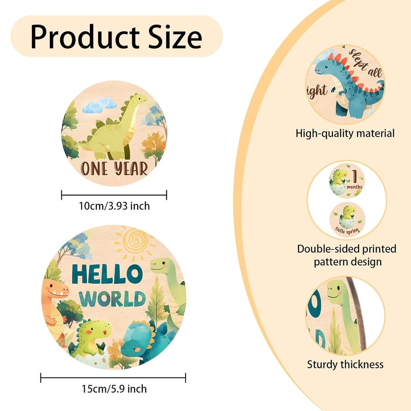 MCIAONE Baby Monthly Milestone Cards Sign - 13Pcs Double Sided Dinosaur Milestone Cards, Dino Pattern Wooden Circles Discs for Photo Props Newborn Announcement Marker, Baby Shower Newborn Sign Card Gift Set - Image 3
